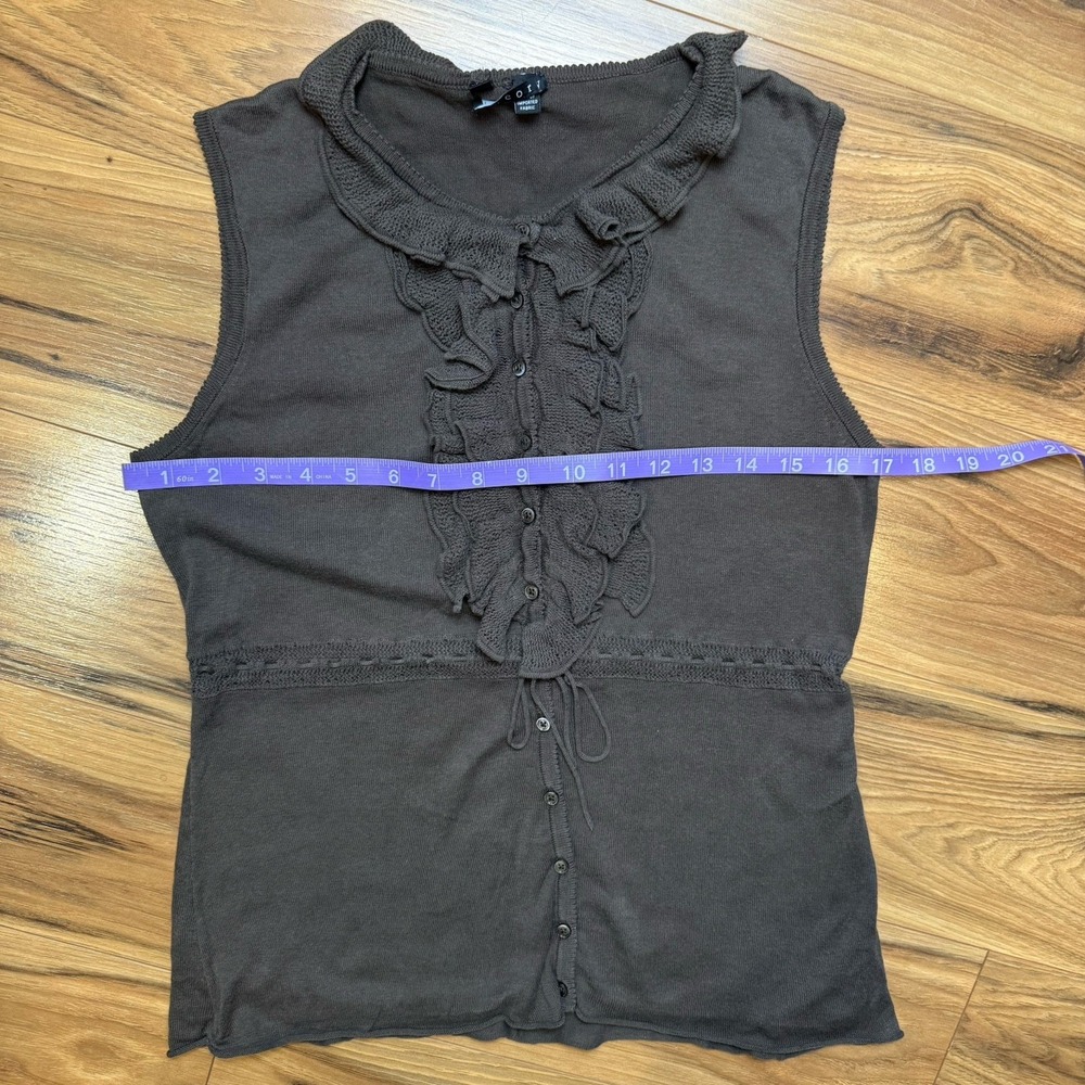 VTG Theory y2k Sz M Ruffle Knit Sleeveless Top‎ Tie Waist Brown Fairy Grunge - Picture 9 of 10